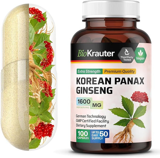 BIO KRAUTER Korean Red Ginseng Capsules - 1600 mg Strength - 100 Count - Korean Panax Ginseng Supplement - Vegan Immune Supplement