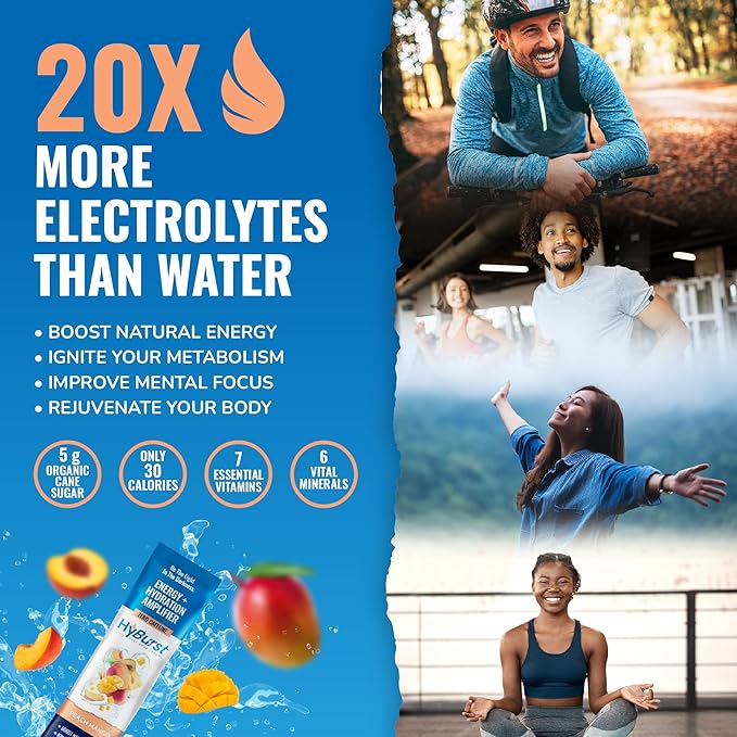 Hyburst Electrolytes Powder Packets with 13 Esstential Nutrients, Improve Energy, 100mg L-Theanine Nootropics, Non-GMO, Vegan, Gluten Free, Peach Mango Drink Mix, 15 Sticks