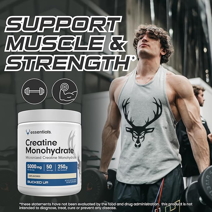 Bucked Up Pure Micronized Creatine Monohydrate for Women and Men - Easy to Mix and Unflavored - 5G Per Serving - 50 Servings - 250 Grams Per Container