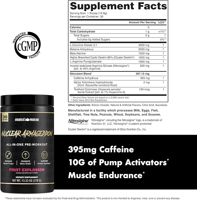 Anabolic Warfare Nuclear Armageddon Pre Workout Powder Pre-Workout for Men & Women with L-Citrulline, Beta Alanine Powder and Caffeine (Fruit Explosion - 30 Servings)