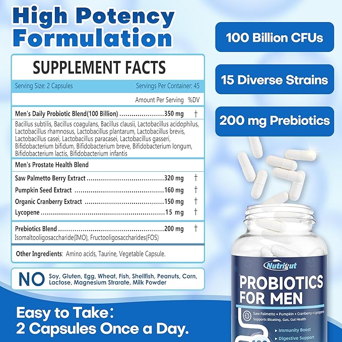 Probiotics for Men, 100 Billion CFUs with Prebiotics, Saw Palmetto Berry, Pumpkin Seed, Cranberry & Lycopene for Prostate Urinary Health, Mens Probiotic for Digestive & Immune Health 90 Capsules