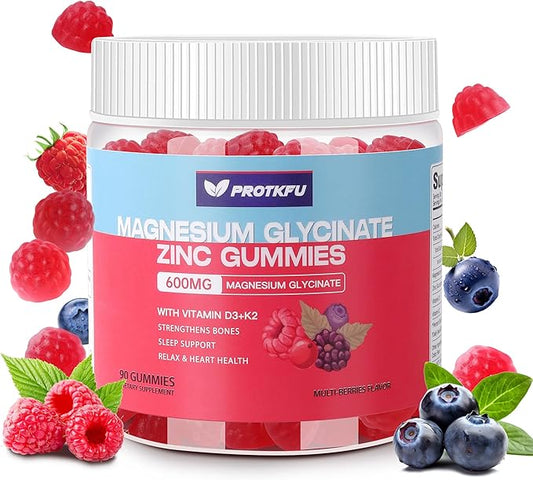 Magnesium Glycinate Gummies 600mg, 90 Ct Sugar Free Magnesium Gummies w/Zinc & Vitamin D3 & K2 - Magnesium Supplements for Sleep, Supports Bone Health, Nerve & Immune Function