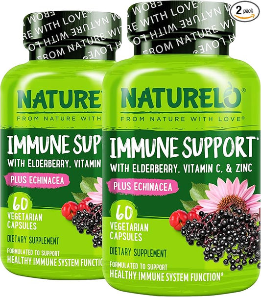 NATURELO Immune Support – Vitamin C, Elderberry, Zinc, Echinacea – Natural Immunity Boost w/Antioxidant, Herbal & Mineral Defense - 60 Vegan Capsules (Pack of 2)