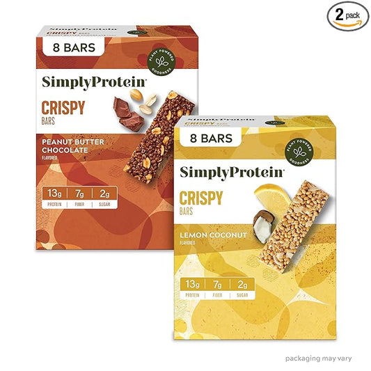 Simply Protein - Crispy Bars Variety Pack, Peanut Butter + Lemon Coconut - Plant Based Protein Bars - 13g Protein, 2g Sugar, 7g Fiber - Vegan, Gluten Free, Non GMO, Kosher - 16 Bars, 2 Boxes