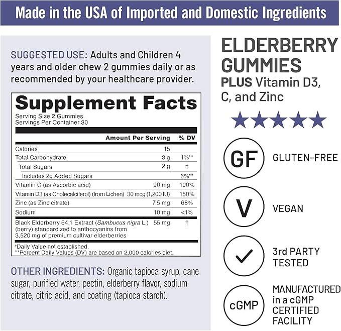 NatureWise Sambucus Elderberry Gummies - Immune Support Supplement for Kids Ages 4+ & Adults with Vitamin C, D3, Zinc - Elderberries Equivalent to 3520mg - Vegan, Non-GMO - 60 Count[30-Day Supply]