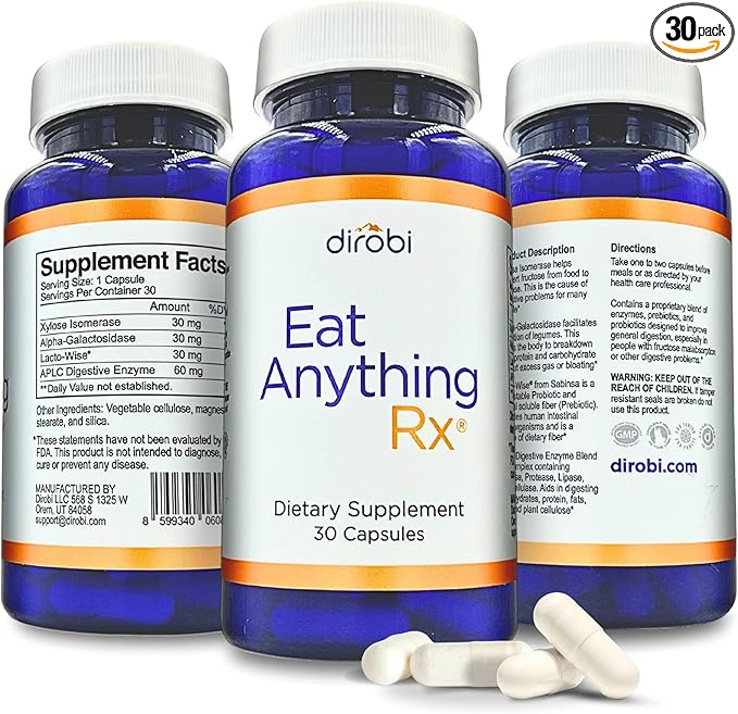 Dirobi Eat Anything Xylose Isomerase Fructose Malabsorption Enzymes, FODMAP Supplement, Digestive Enzymes for Better Lactose, Fat, Protein & Carbohydrate Digestion Gas & Bloating Relief 30 Capsules