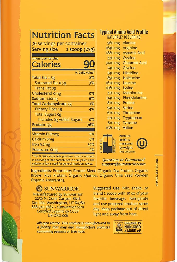 Vegan Organic Protein Powder Plant-based | 5 Superfood Quinoa Chia Seed Soy Free Dairy Free Gluten Free Synthetic Free NON-GMO | Unflavored 30 Servings | Classic Plus by Sunwarrior