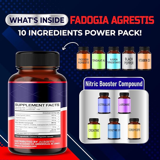 Fadogia Agrestis Supplement with Turkesterone Tongkat Ali Maca Root Panax Ginseng VIT D3 - Male Energy, Strength and Memory Support