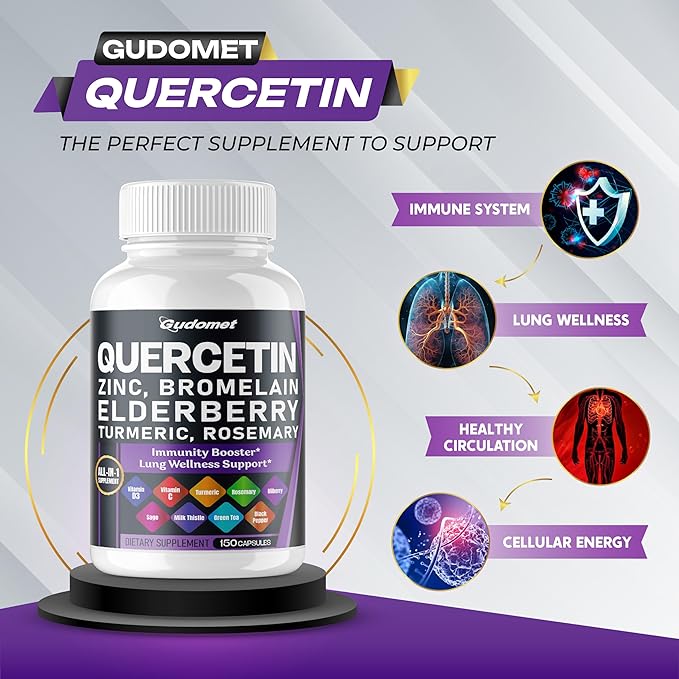 Quercetin Bromelain Zinc Vitamin D3 Elderberry Turmeric Rosemary Bilberry Sage Odorless Garlic Green Tea Milk Thistle Oregano -150 Capsules- Made in USA