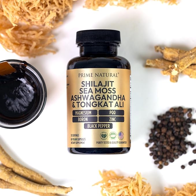 Shilajit 10,000mg, Irish Sea Moss 2000mg, Ashwagandha 3000mg, Tongkat Ali 30,000mg, Boron, Magnesium, PQQ & More | 60 Capsules - 30 Days Supply| Fulvic Acid Veg Capsules| Vegan| Gluten Free | Non-GMO