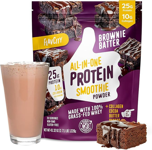 FlavCity Grass Fed Whey Chocolate Protein Powder - Brownie Batter - 25g Protein & 10g Collagen - Made with Organic Cocoa & Coconut Milk - Gluten Free & No Added Sugars (20 Servings)