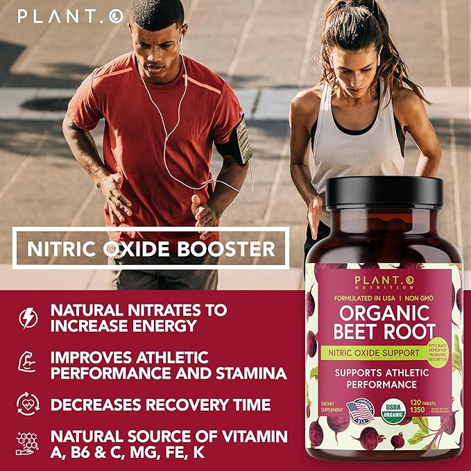 USDA Plant.O Premium Organic Beet Root Tablets [1350mg Beets Powder] with Black Pepper for Extra Absorption - Nitric Oxide Supplement