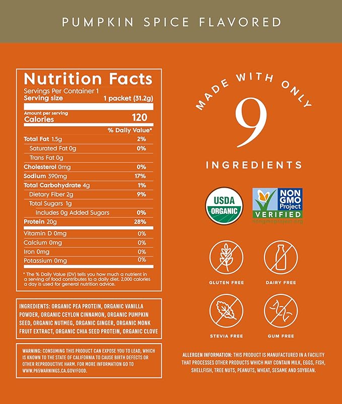 Truvani Vegan Pea Protein Powder | Pumpkin Spice | 20g Organic Plant Based Protein | 1 Serving | Keto | Gluten & Dairy Free | Low Carb | No Added Sugar