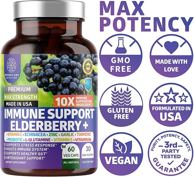 Premium 10 in 1 Immune Support Supplement [10 Potent Ingredients] with Elderberry, Vitamin C, Echinacea, Zinc and Probiotic for Immune Support, Gut Health and Better Digestion, 60 Veg Caps