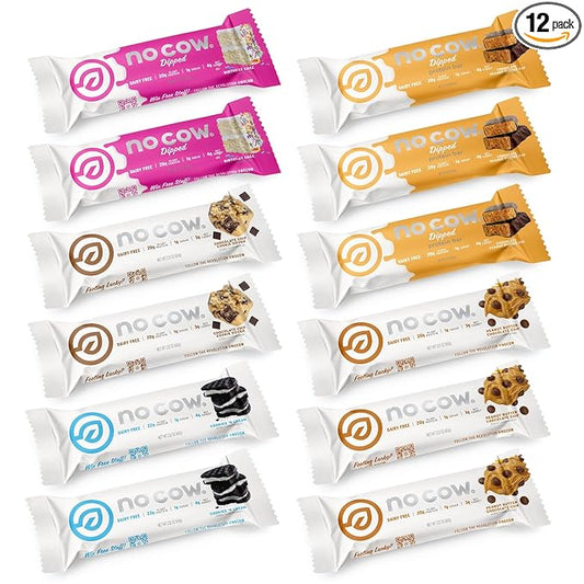 No Cow Protein Bars, Brand Sampler Pack - Healthy Snacks, 20g Vegan Protein, High Fiber, Low Sugar, Keto Friendly, Dairy & Gluten Free (12 Count)