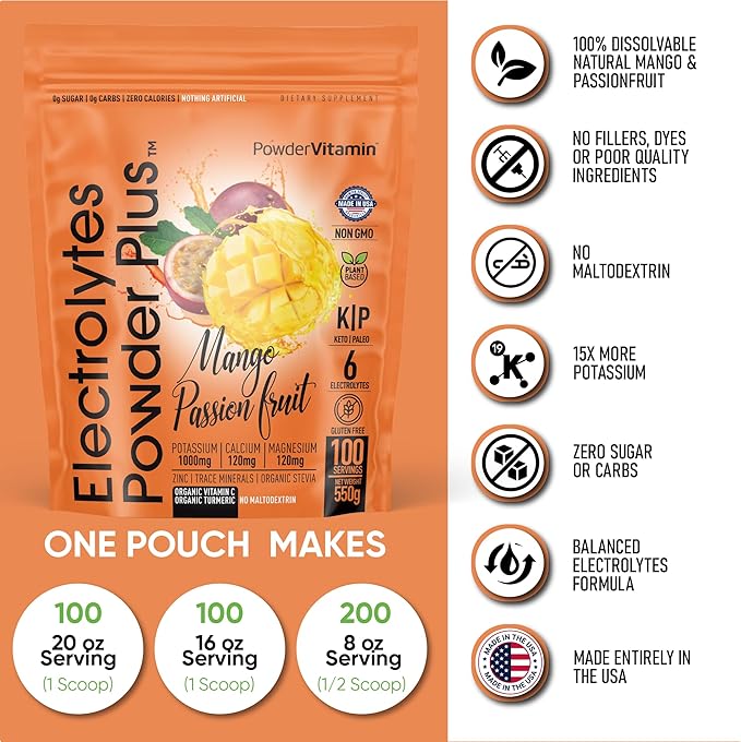Electrolytes Powder Plus (100 Servings) Mango Passionfruit Electrolyte Powder Zero Calorie Keto,0Sugar, No Maltodextrin,1000mg Potassium,120mg Calcium,120mg Magnesium