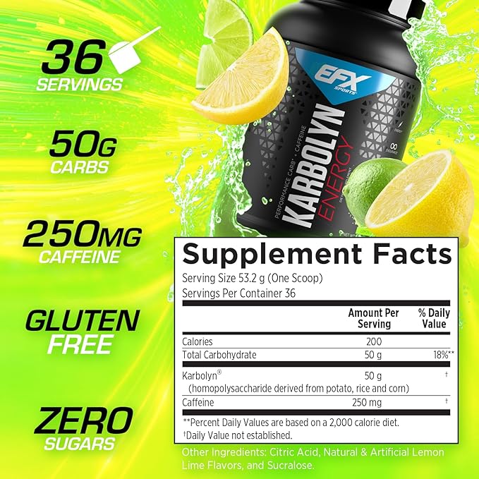 EFX Sports Karbolyn Energy | Performance Carbohydrate Powder + Caffeine | Carb Load & Energize | 250mg Caffeine | Sugar Free | 36 Servings (Lemon Lime)