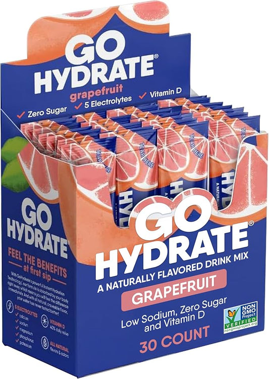 GoHydrate Instant Hydration Powder Packets - Low Sodium Electrolytes Drink Mix - Natural Hydration Support, Sugar Free Electrolyte Flavored Powder Drink with Vitamin D, 30 Packs, Grapefruit