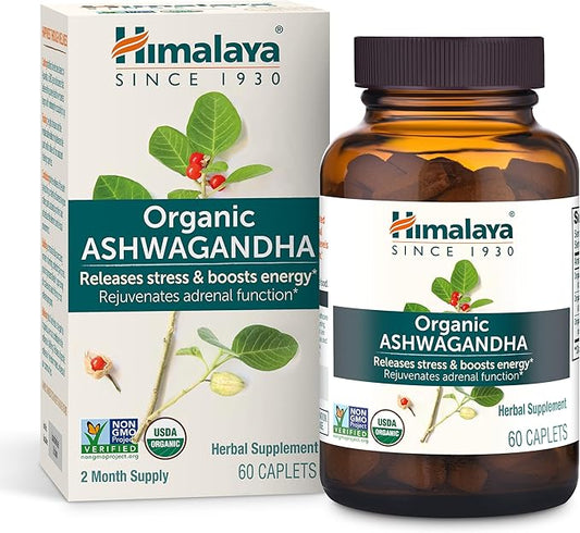 Himalaya Organic Ashwagandha, 60 Day Supply, Herbal Supplement for Stress Relief, Energy, Occasional Sleeplessness, Excipient Free, Organic, Non-GMO, Vegan, Gluten Free, 670 mg, 60 Caplets