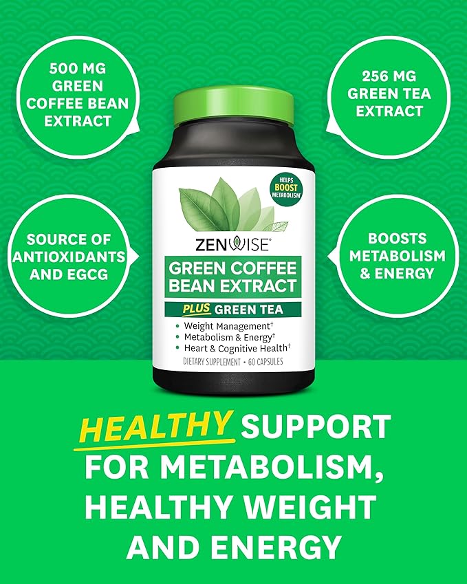 Zenwise Health Green Tea Extract with Green Coffee Bean Extract - Vegan Skin & Heart Support + Brain Health & Memory Boost - 60 Count