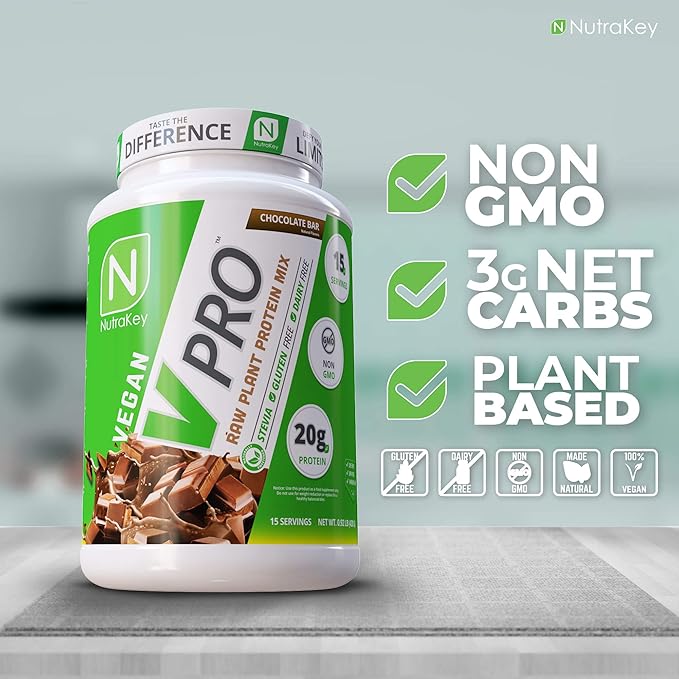NutraKey V-Pro, Raw Plant Protein Powder, Organic, Vegan, Low Carb, Gluten Free with with 20g of Protein (Chocolate) 2-Pound