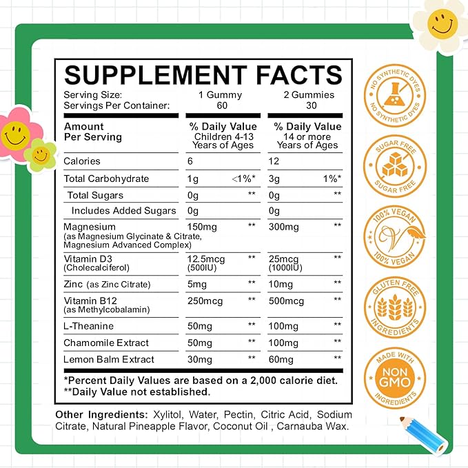 Kids Magnesium Glycinate Gummies, Magnesium for Kids & Adults, with Citrate, Zinc, Vitamin D3, B12, L-Theanine Supplement for Sleep Calm Bone & Muscle Mood, Pineapple 60ct