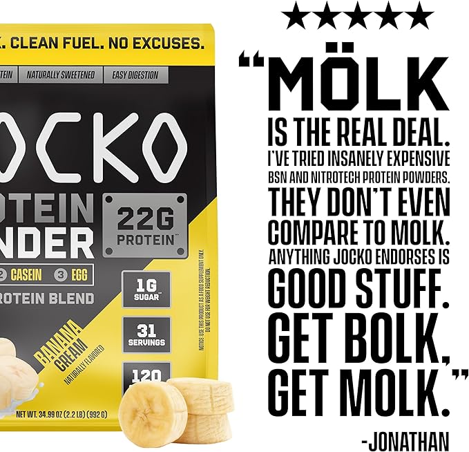 Jocko Fuel Mölk Whey Protein Powder 22g Low Sugar Monk Fruit Blend - Muscle Recovery & Growth, Packaging May Vary (31 Servings, Banana Cream)