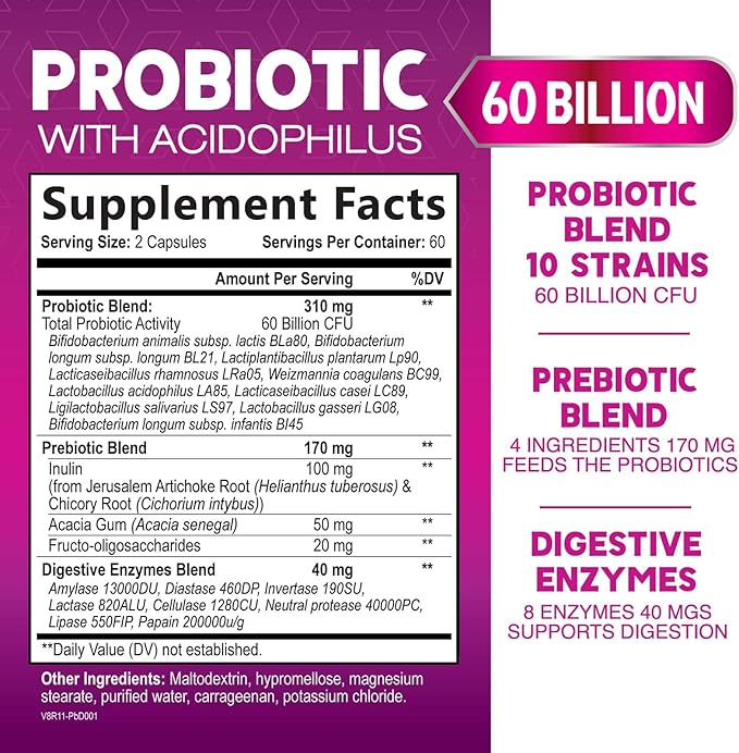 Probiotics 60 Billion CFU per Serving - 10 Strains + Prebiotics - Immune, Digestive & Gut Health Support, Supports Occasional Constipation, Gas & Bloating for Women & Men, Shelf Stable - 120 Capsules