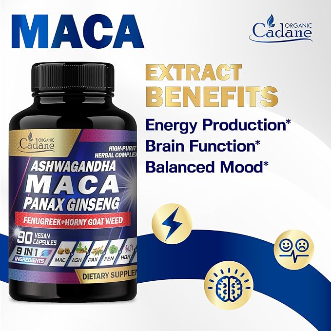 Organic Cadane Maca Root, Ashwagandha, Panax Ginseng Supplement - 90 Capsules 3 Months with Fenugreek, Tongkat Ali & More - Support for Strength, Stamina, Energy Production & Immunity