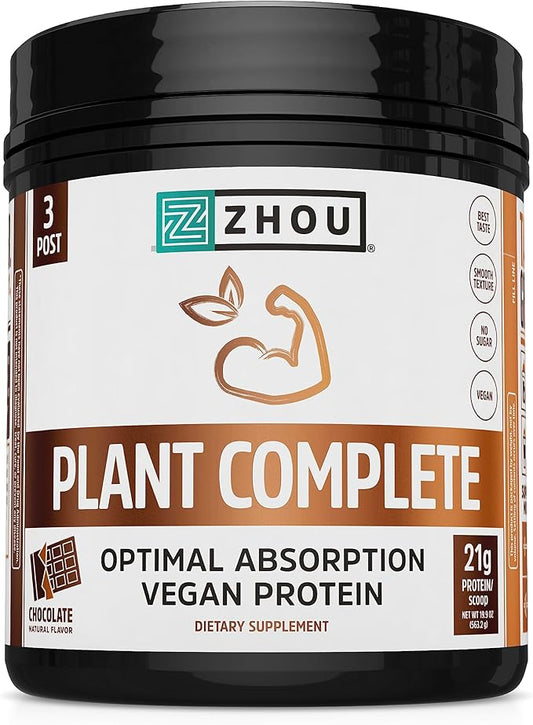 Zhou Nutrition Plant Based Vegan Protein Powder, Best Absorption Digest Score, Complete Amino Acid Profile, Dairy Free, Soy Free, Gluten Free, Sugar Free, Chocolate, 21g Protein, 16 Servings