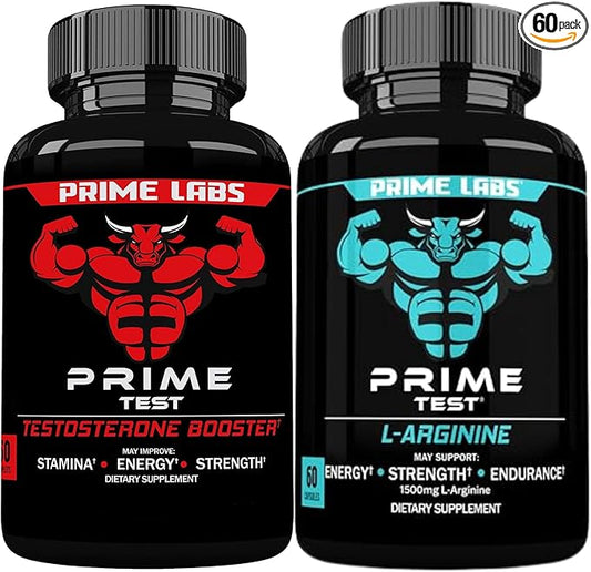 Prime Labs Prime Test Testosterone Booster + L Arginine Nitric Oxide Capsules - 60 Count Each