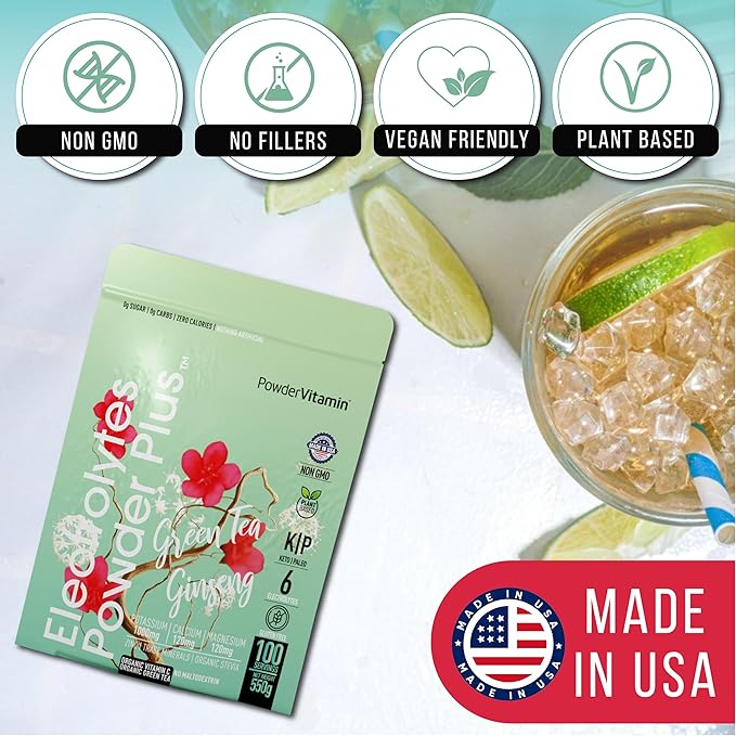 Electrolytes Powder Plus (100 Servings) Green Tea Ginseng Electrolyte Powder Keto, Sugar Free, Pink Himalayan Salt,1000mg Potassium,120mg Calcium,120mg Magnesium, Hydration Powder