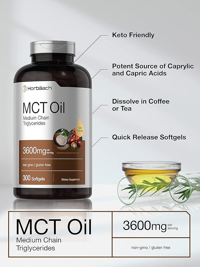 Horbäach Keto MCT Oil Capsules 3600mg | 300 Softgels | Coconut Oil Pills | Non-GMO and Gluten Free Formula | High Potency and Value Size Supplement
