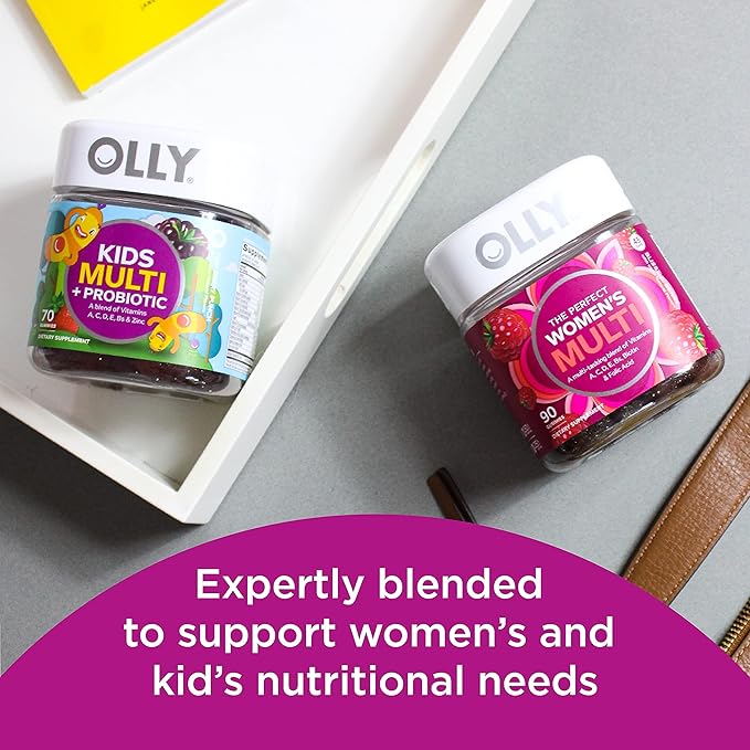 OLLY Gift, Family 2 Pack: Women's Multivitamin Gummy (90 Count), Kids Multivitamin + Probiotic Gummy (70 Count), Vitamins A, D, C, E, B, Chewable Supplement, Blissful Berry, Yum Berry Punch, 160 Count