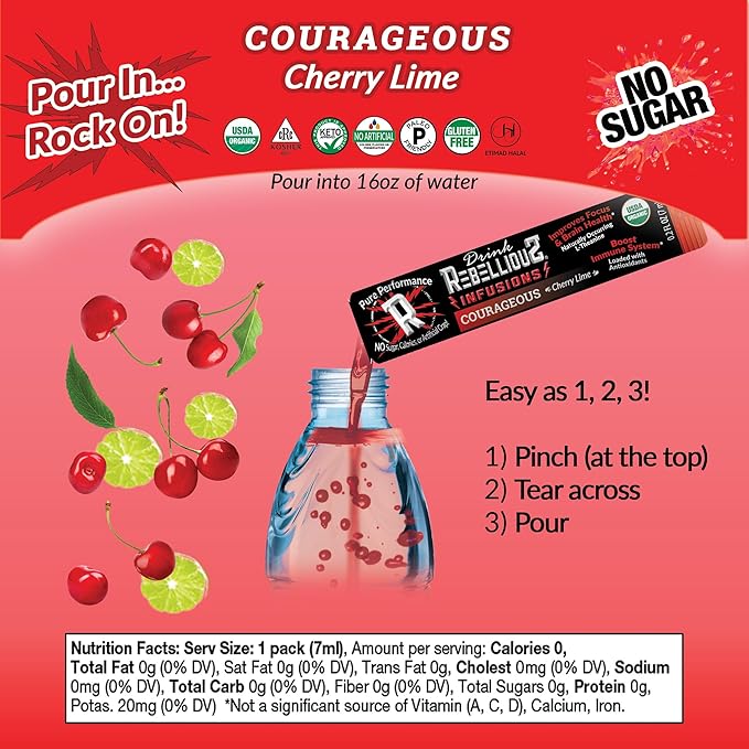 Courageous Cherry Lime Organic Energy Drink Mix – No Sugar, Loaded with Antioxidants, L-Theanine, and Natural Caffeine – 10 Count