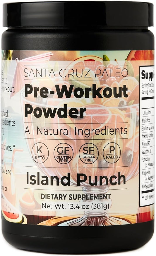 Santa Cruz Paleo Natural Pre Workout Powder, Island Punch, Keto Preworkout with Electrolytes Magnesium, Potassium, L-Citrulline, Caffeine Free, Sugar Free Drink Mix for Energy & Hydration, 30 Servings