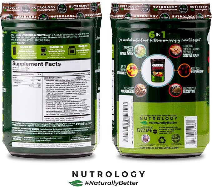 Nutrology Greens & Fruits Powder-Naturally Sourced Fruits, Vegetables, Beet Powder & Mushroom Blend, Probiotics, Digestive Enzymes, Fiber, Antioxidants, Immune Support, Gluten Free - Chocolate