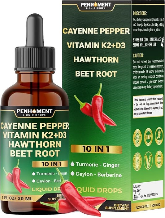 10in1 Cayenne Pepper Liquid Drops with Hawthorn Berry, Vitamin D3, Vitamin K2, Beet Root, Turmeric, Ginger and More - Digestion Support - 1 Fl Oz - 2 Months Supply