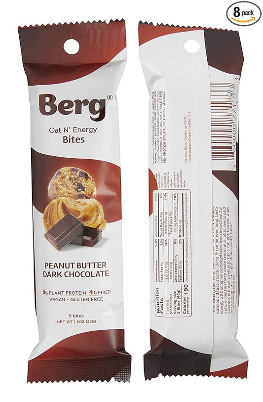 Berg Oat N' Energy Bites - Peanut Butter & Dark Chocolate - Non-GMO, Gluten Free, Dairy Free, Soy Free and Vegan - Clean Energy Snack - 1.5oz, (8 Pack)