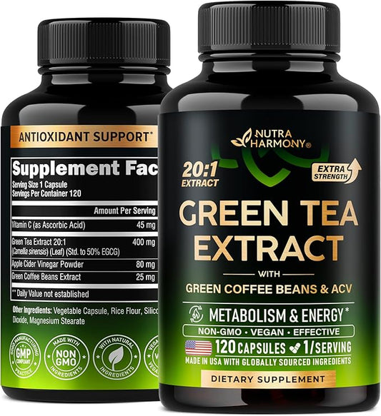 Green Tea Extract Capsules with Green Coffee Beans & Apple Cider Vinegar - Energy & Metabolism Support - Green Tea Supplement 50% EGCG - 20:1 Natural Extract - for Men & Women - 120 Vegan Capsules