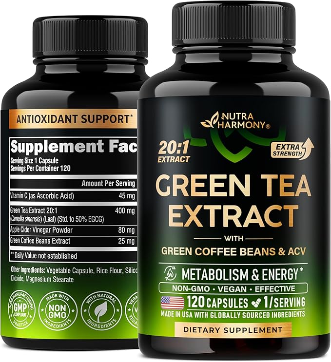 Green Tea Extract Capsules with Green Coffee Beans & Apple Cider Vinegar - Energy & Metabolism Support - Green Tea Supplement 50% EGCG - 20:1 Natural Extract - for Men & Women - 120 Vegan Capsules