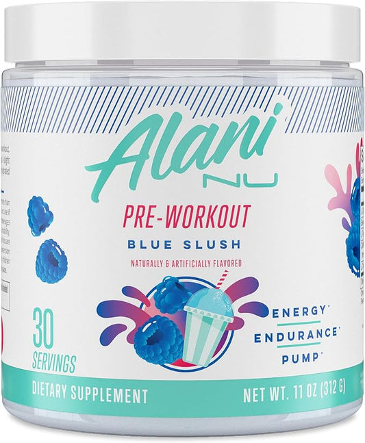 Alani Nu Pre Workout Powder Blue Slush | Amino Energy Boost | Endurance Supplement | Sugar Free | 200mg Caffeine | L-Theanine, Beta-Alanine, Citrulline | 30 Servings