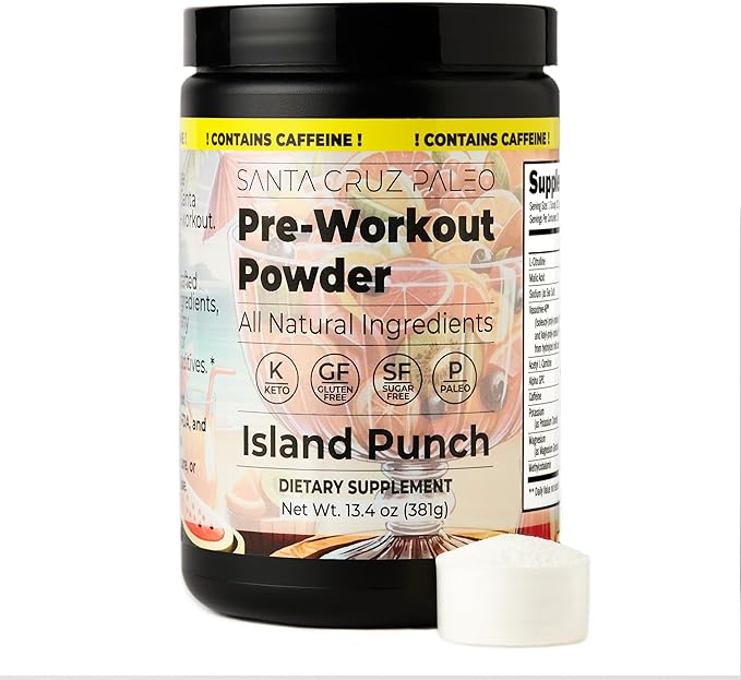 Santa Cruz Paleo Natural Pre Workout Powder, Island Punch, Keto Preworkout Electrolytes with Magnesium, Potassium, L-Citrulline, 150mg Caffeine, Sugar-Free Drink Mix for Energy & Hydration,30 Servings