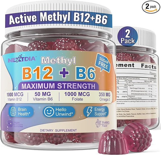 Vitamin B12 & B6 Gummies With Methylcobalamin, Active Methylfolate, Algae Omega-3 & Magnesium – Methylated B12 1000 mcg Gummies For Energy, Mood & Brain Support – Vitamin B6 B12 Gummies, Vegan, 2 Pack