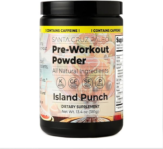 Santa Cruz Paleo Natural Pre Workout Powder, Island Punch, Keto Preworkout Electrolytes with Magnesium, Potassium, L-Citrulline, 150mg Caffeine, Sugar-Free Drink Mix for Energy & Hydration,30 Servings