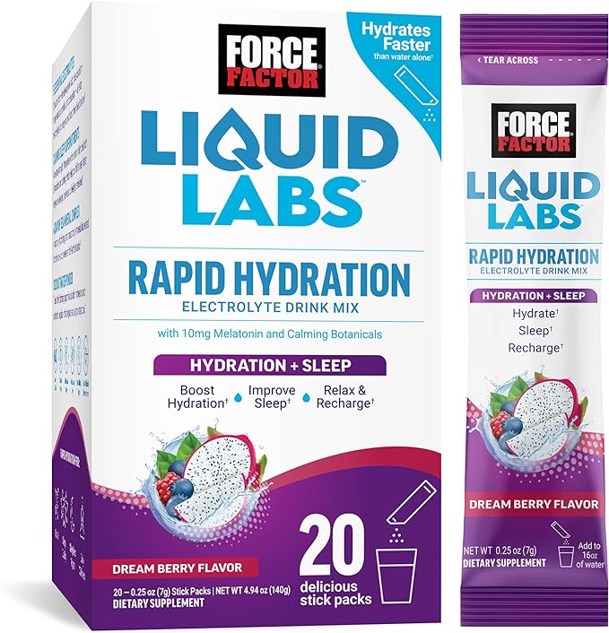 FORCE FACTOR Liquid Labs Sleep, Electrolytes Powder & Sleep Aid with Melatonin 10mg, Hydration Packets for Sleep Support with Vitamins, Minerals, & Antioxidants, Dream Berry Flavor, 20 Stick Packs