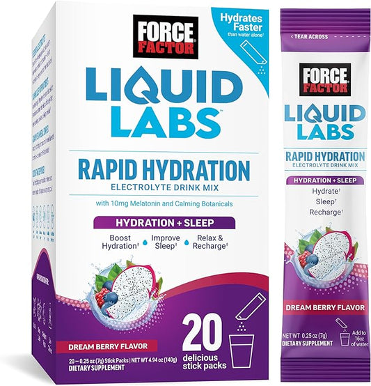 FORCE FACTOR Liquid Labs Sleep, Electrolytes Powder & Sleep Aid with Melatonin 10mg, Hydration Packets for Sleep Support with Vitamins, Minerals, & Antioxidants, Dream Berry Flavor, 20 Stick Packs