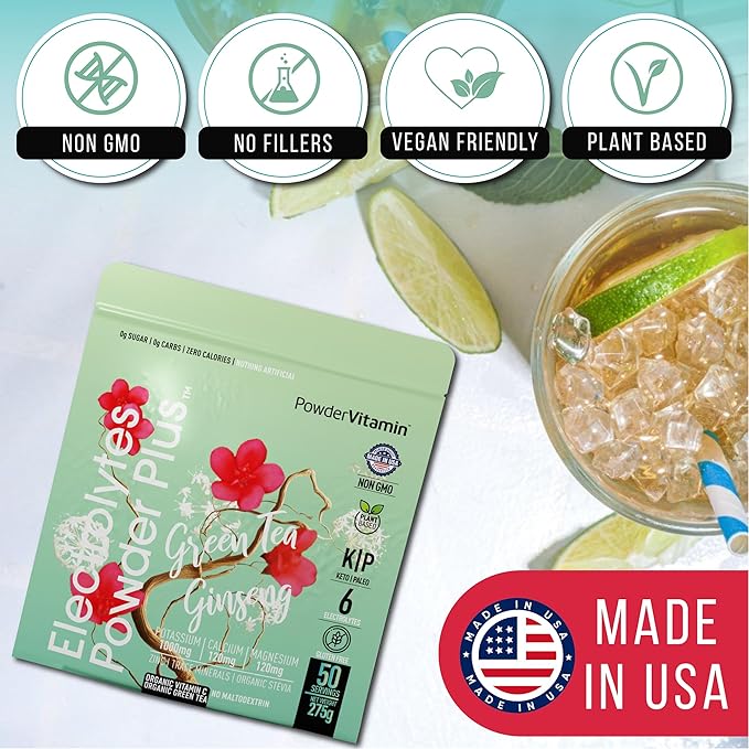 Electrolytes Powder Plus (50 Servings) Green Tea Ginseng Electrolyte Powder Keto, Sugar Free, Pink Himalayan Salt,1000mg Potassium,120mg Calcium,120mg Magnesium, Hydration Powder