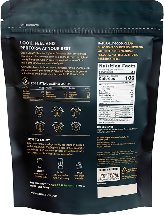 Nuzest - Vegan Pea Protein Powder - Clean Lean Protein, Premium Plant Based Protein Powder, Dairy Free, Gluten Free, GMO Free Protein Shake, Salted Caramel, 8.8 oz