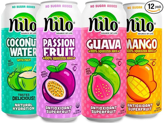NILO Variety Pack | 100% Squeezed Juice Guava Mango Coconut Water Passion Fruit | NO Sugar added | NON GMO | NOT From Concentrate | 10.82 oz (Pack of 12)